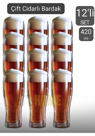 12 Li Set Bira Bardağı Kahve Bardağı Çift Cidarlı Bardak Meşrubat Bardağı 420 Ml Şeffaf