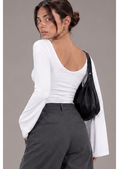 Bbbutikbasic Kadın U Yaka İspanyol Kol Uzun Kollu Slim Fit Bluz My3535 Beyaz