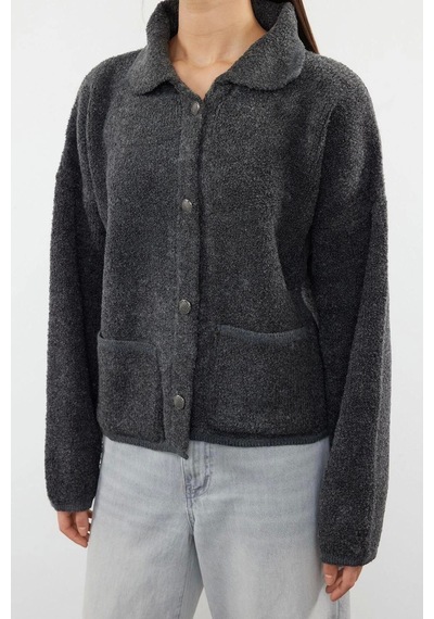 Ersefa Kadın Modern Tarz Oversize Polo Yaka Regular Triko Hırka Antrasit