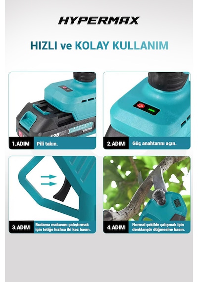 Hypermax Dk-911 Çift Akülü Çelik Şanzuman Göstergeli Şarjlı Dal Ağaç Kesme Bağ Budama Makası