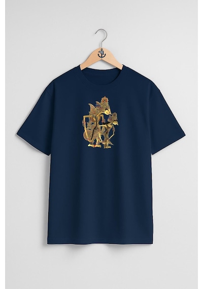 Bahriyeli Collection Oversize Java Wayang Gölge Oyun Ramayana Göğüs Tasarımlı Unisex T-shirt Lacivert