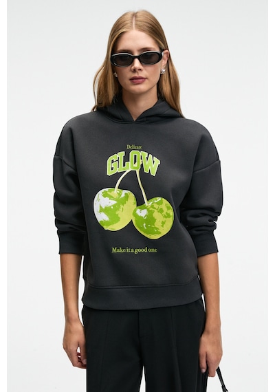 Grimelange YANMESA Kadın Oversize Baskı Ve Nakış Detaylı Uzun Kollu Kapüşonlu Koyu Antrasit Sweatshirt