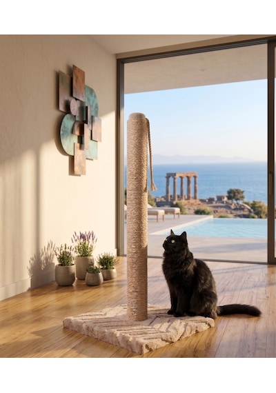 70 Cm Bej Kedi Tırmalama Tahtası - Sağlam Tabanlı Jüt İpli Kedi Tırmalama Direği
