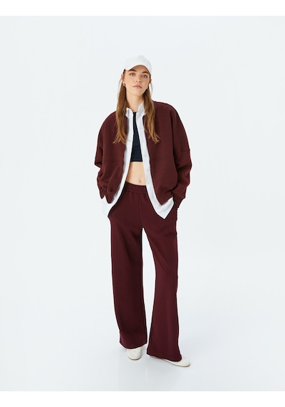 Koton Şardonlu Oversize Fermuarlı Dikiş Detaylı Sweatshirt Bordo 5wal10014ık