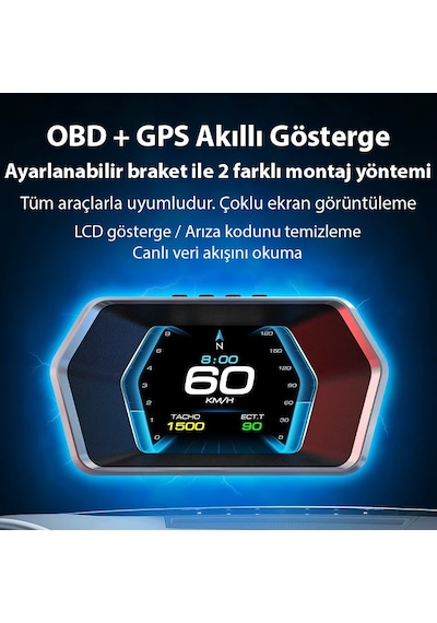 Ally P17 Hud Obd2 & Gps Çift Sistemli Araç Bilgisayarı Dijital Kilometre, Su Ve Yağ Sıcaklığı Ölçer, Hız & Alarm Göstergeli Oto Elektroniği