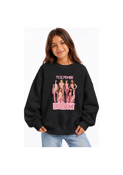 Fasardi Manifest Girls M6nifestgirls Baskılı Oversize Şardonsuz Uzun Kollu Kız Çocuk Sweatshirt Siyah