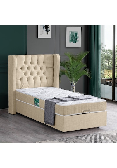 Setaymobilya Baza, Riga Tek Kişilik Baza + Başlık + Comfort Yatak, Krem