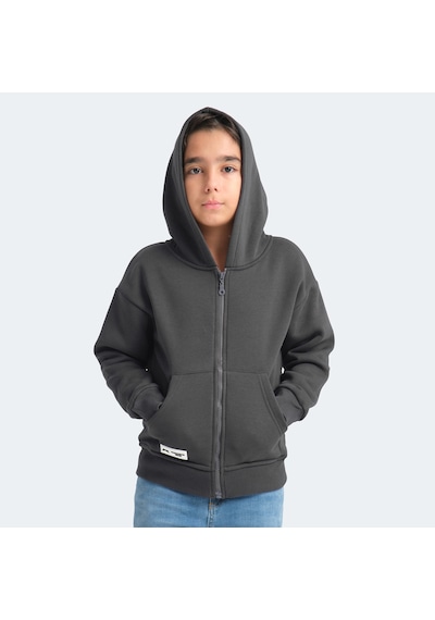 Slazenger LEKAN Çocuk Fermuarlı Kapüşonlu Cepli Koyu Gri Sweatshirt