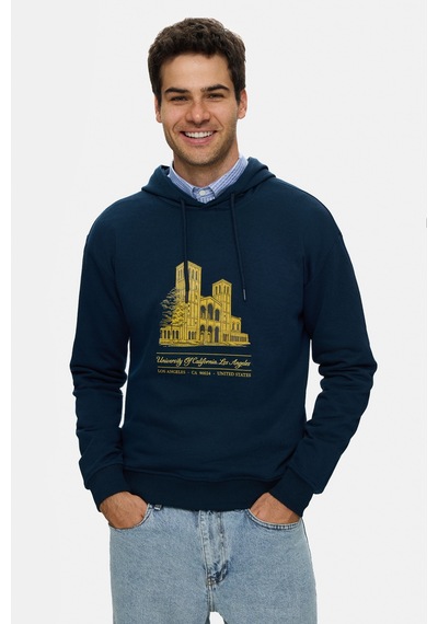 UCLA Thayer Lacivert Kapüşonlu Pamuklu Baskılı Loose Fit Erkek Sweatshirt