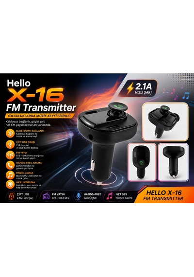 Hello X16 Fm Transmitter - Led Ekran 2xusb-tf-bluetooth Destekli 2.1a Fm Transmitter