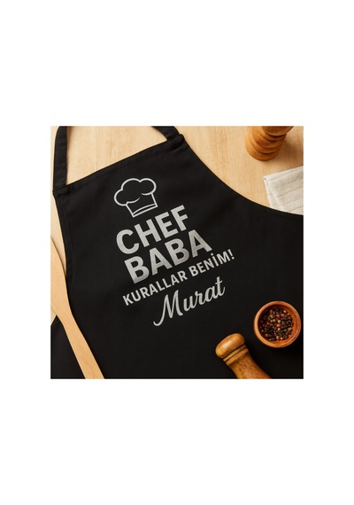 Chef Baba Kurallar Benim İsme Özel Siyah Mutfak Önlüğü Siyah
