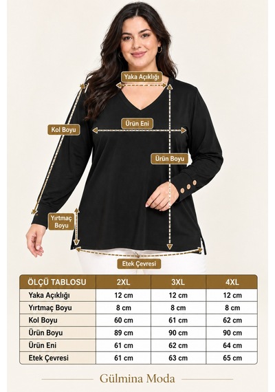 Gülmina Moda Kadın Büyük Beden V Yaka Kol Düğmeli Bluz - Siyah