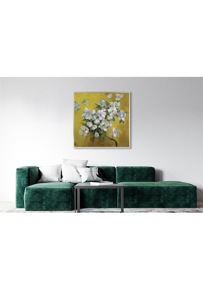 Yağlı Boya Dokulu Tablo Dalda Modern Bahar Çiçekleri Gümüş Çerçeveli U02024-178878