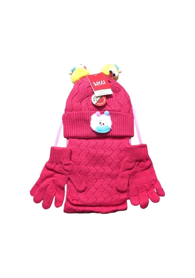 Kitti 4-8 Yaş Kız Çocuk Atkı Bere Eldiven İçi Polarlı 3'lü Takım 24170-04 Fuşya
