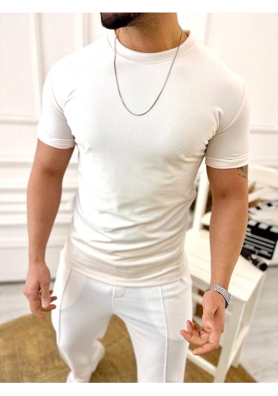 T-shirt Slim Fit Tişört Dar Kesim Kadife Tişört Beyaz
