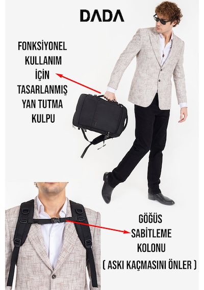 Körüklü Laptop Sırt ve Seyahat Çantası 15,6 İnç 40 Litre Usb Su Geçirmez Kumaş Siyah Dada 12