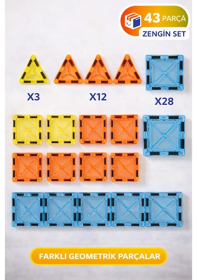 43 Parça Manyetik Blok Seti Eğitici Zeka Oyunu, Renkli 3d Yapı Oyuncağı 3+ Yaş I 5.5 Cm