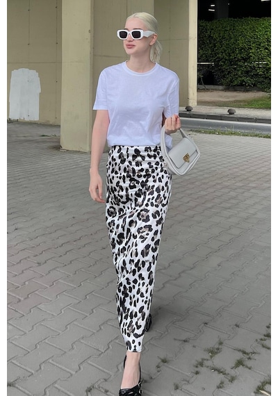 Madmext Beyaz Leopar Desenli Midi Boy Saten Etek Mg2079 Beyaz
