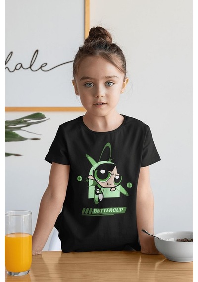 Sevbano Buttercup Baskılı Unisex Power Puff Girls Çizgi Film Çocuk Tişört Siyah