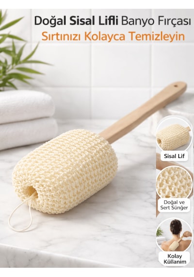 Beylini Sisal Ahşap Saplı Sırt Lifi Banyo Sırt Kese Fırçası Vücut Peeling Ölü Deri Temizleme Çubuğu 26cm Sap