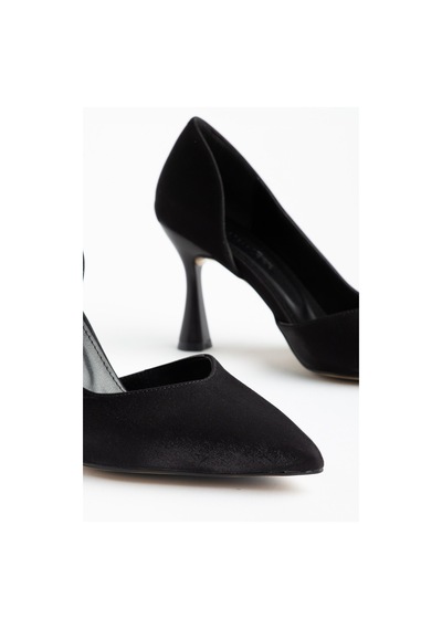 Büyük Beden Kadın İnce Topuklu Stiletto Siyah Parlak Saten Yan Açık-4667 Siyah