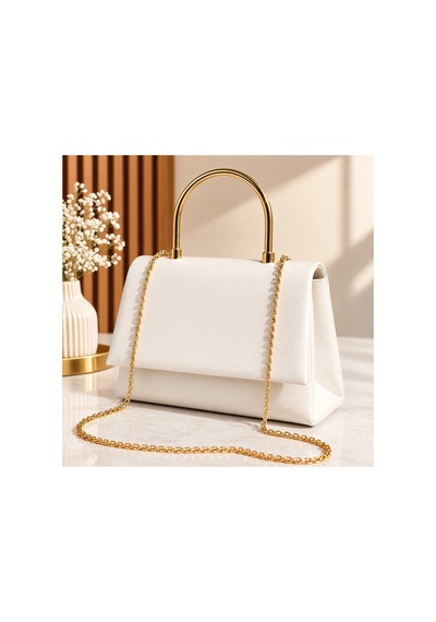 Names Bag Zincir Askılı Abiye Omuz Çnatası - Gold Metal Kulplu Şık Davet Çantası Beyaz Beyaz