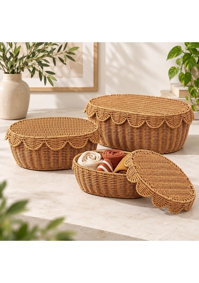 3'lü Kapaklı Rattan Saklama Kutusu Seti Dekoratif Organizer Sepet Çok Renkli