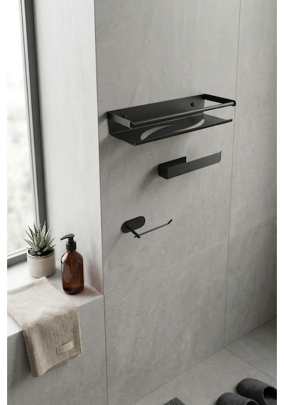 Zift Unique Yapışkanlı Banyo Aksesuar Seti , Paslanmaz Çelik Tuvalet Banyo Havlu Askısı , Raf , Stand Siyah