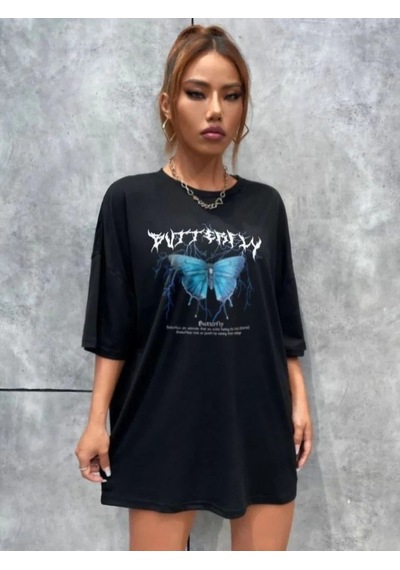 Kadın Kelebek Baskılı Oversize Kısa Kol T-shirt - Siyah Siyah
