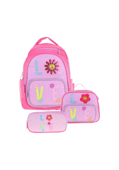 Kaukko Kids Kız Çocuk Simli Love Desenli İlkokul 1.2.3.4. Sınıf Üçlü Okul Çanta Seti Mor - Pembe