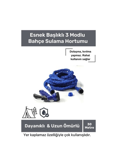 Dayanıklı Kırılmaz 3 Modlu Uzayan Bahçe Sulama Araç Yıkama Hortumu 30 Metre Mavi
