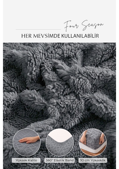 Süper Yumuşak Jakar Kadifemsi Peluş Lastikli Fitted Çarşaf Seti Kaymaz Tek/çift Kişilik Antrasit Koyu Gri