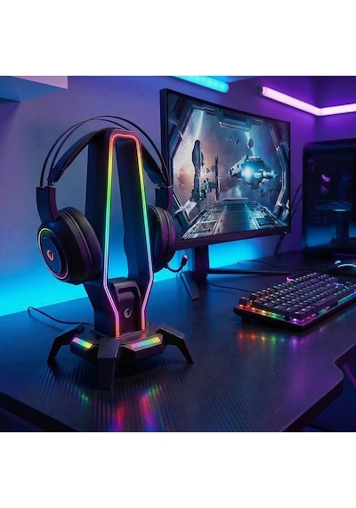 Rampage Rm-h27 Igrıs Kulaklık İçin Stand Rgb Işıklı 3 Usb 1 Type-c Siy