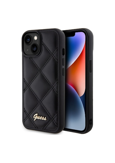 Apple Uyumlu iPhone 15 Kılıf Guess Lisanslı Pu Deri Metal Yazı Logolu Kapitone Kapak Siyah