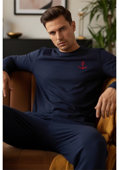 Siyah İnci Uzun Kollu Örme Erkek Pijama Takım 7795 Lacivert