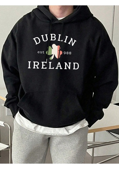 Startmore Startmoredublin İrlanda Est 988 Baskılı Günlük Polar Kapüşonlu Üstler Erkek Sokak Giyim Bol Kıyafetler Siyah