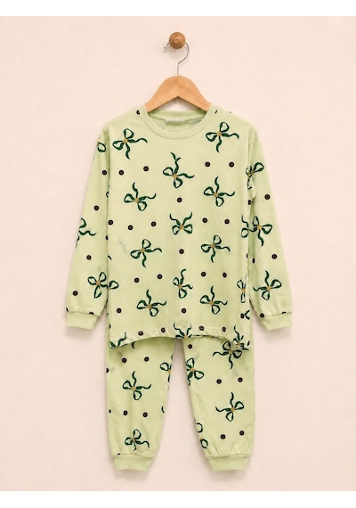Durukoza %100 Pamuk Kız Çocuk Pijama Takımı Fiyonklu 4 Mevsim Açık Yeşil