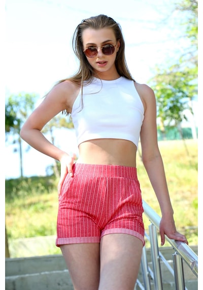 İbrahim Burak Etiler Collectıon Moda Çizgi Şort Crop Kırmızı Takım 26550