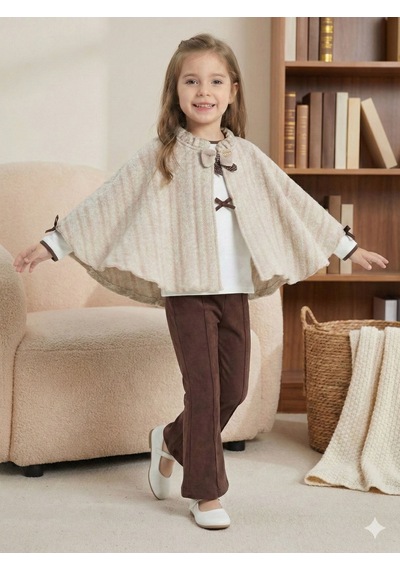 Xo Kids Pelerin Detaylı Kız Çocuk 3lü Alt Üst Takım 4-10 Yaş 4406 Ekru
