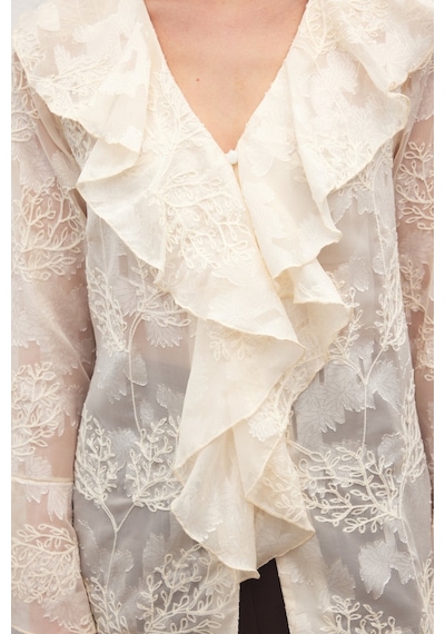 Sateen Fırfır Detaylı Nakışlı Gömlek - Bej-137182 bej