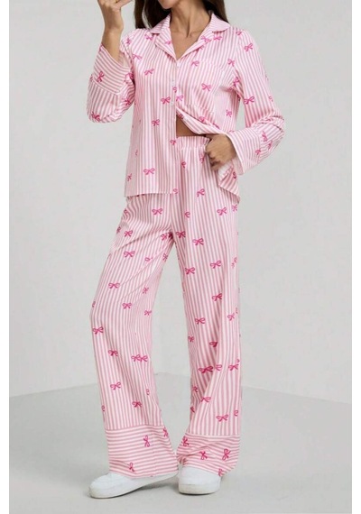 Bella Notte Pembe Fiyonk Baskılı Çizgili Pijama Takımı