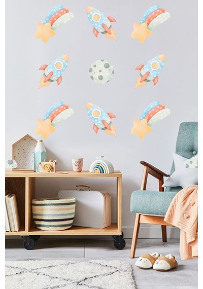 Sevimli Uzay Mekiği Ve Ay Temalı 20 Parça Çocuk Ve Bebek Odası Dekoratif Duvar Sticker Seti Figür 2
