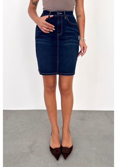 HLT Jeans Blue Black Kadın Regular Fit Yüksek Bel Orta Boy Denim Kot Etek Alice-4010 Mavi - Siyah