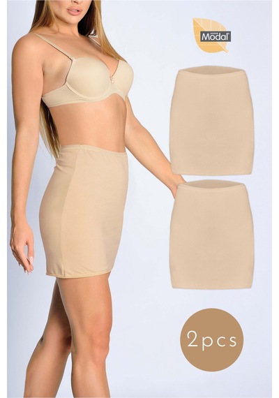 Auw Pamuk Likralı Modal Mini Jüpon 2'li Aydinunderwear Bej
