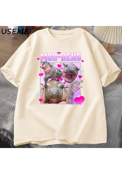 Flood Of Style Komik Moo-deng Bebek Pygmy Hippo Sevimli Hayvanat Bahçesi T Shirt Adam Kadın Nedensel Pamuk K Haki