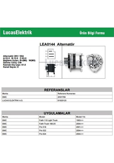 Lucas 24V Alternatör Dinamo Kasnaklı 55 A Çift Ayak Sol Bmc Fat N11.103