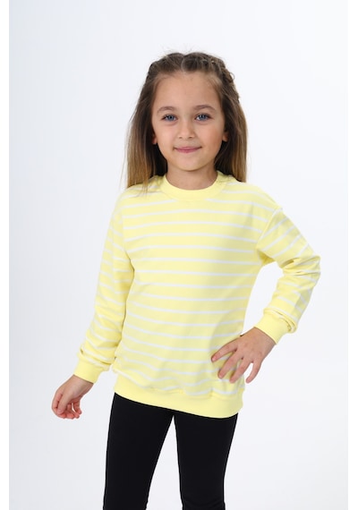 Kız Çocuk Regular Fit Bisiklet Yaka Düşük Omuz Çizgili Sweatshirt - 2 İplik Açık Sarı