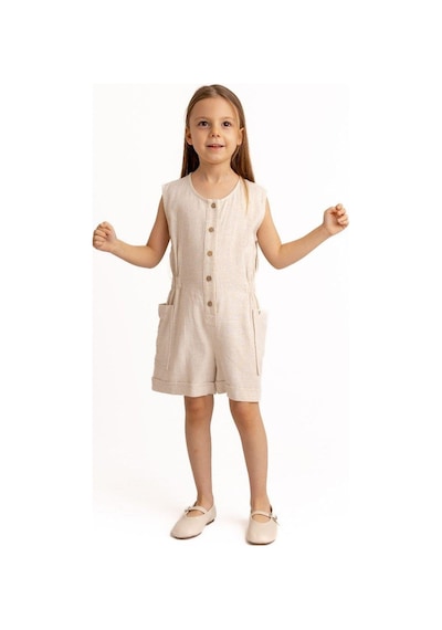 Cigit Yanları Cepli Kısa Boy Keten Tulum 2-7 Yaş Naturel Beyaz