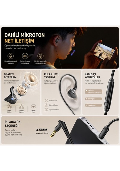 Essager 1.2 Metre 3.5mm Kablolu Hi-fi Mikrofonlu Gaming Kulak İçi Kulaklık 10mm Grafen Sürücü, Gecikmesiz Kulaklık