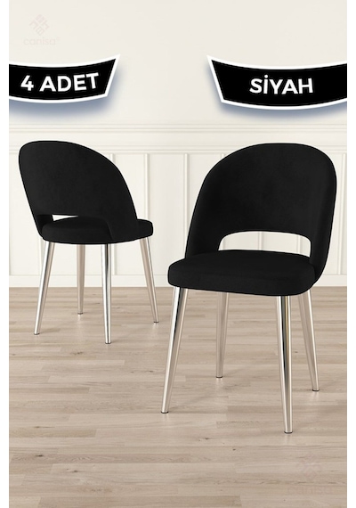 Canisa Pane Serisi 4 Adet Siyah Mutfak Sandalyesi Krom Kaplama Metal Ayak 1. Sınıf Babyface Kumaş Sandalye Siyah Ayaklar Krom